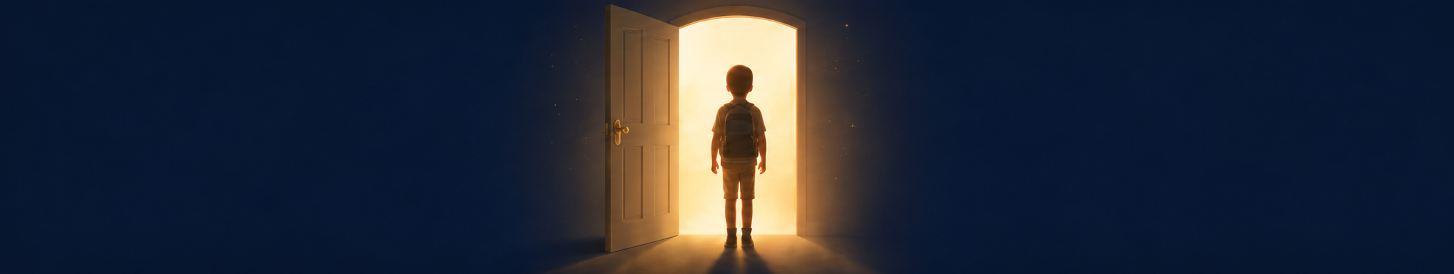 Child standing before a glowing doorway